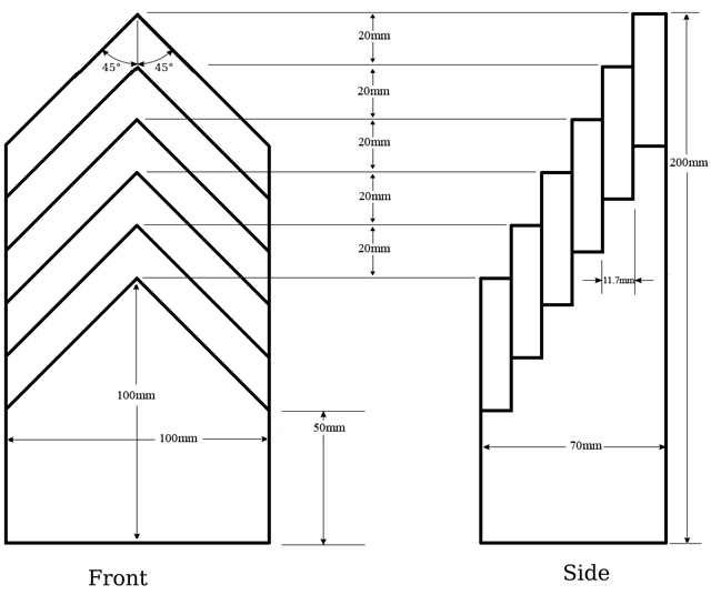 Standard dimensions total 200 millimeters tall by 100 millimeters wide by 70 millimeters deep. Six chevron wedges are set at a 45-degree angle, and the peak of each chevron is 20 millimeters below the next.